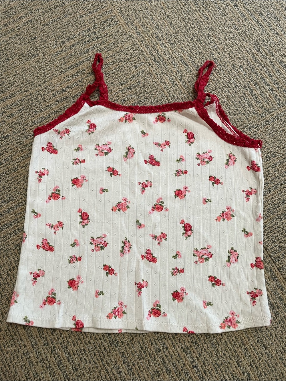 Floral Lace-Trim White & Red Cami Top